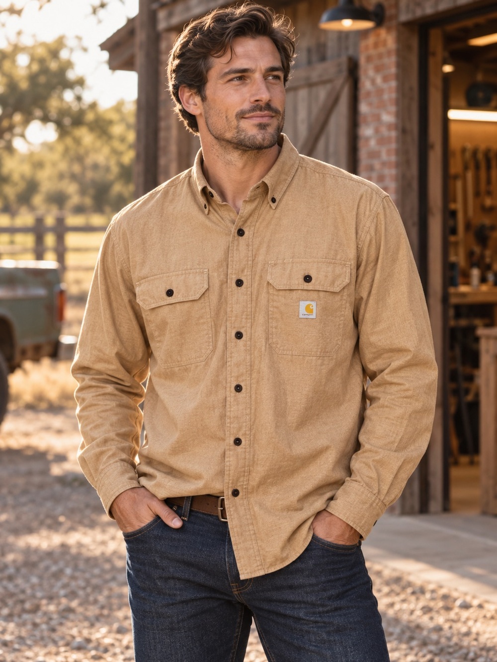 Carhartt Men’s Large Loose Fit Midweight Chambray Long-Sleeve Shirt Tan New NWT